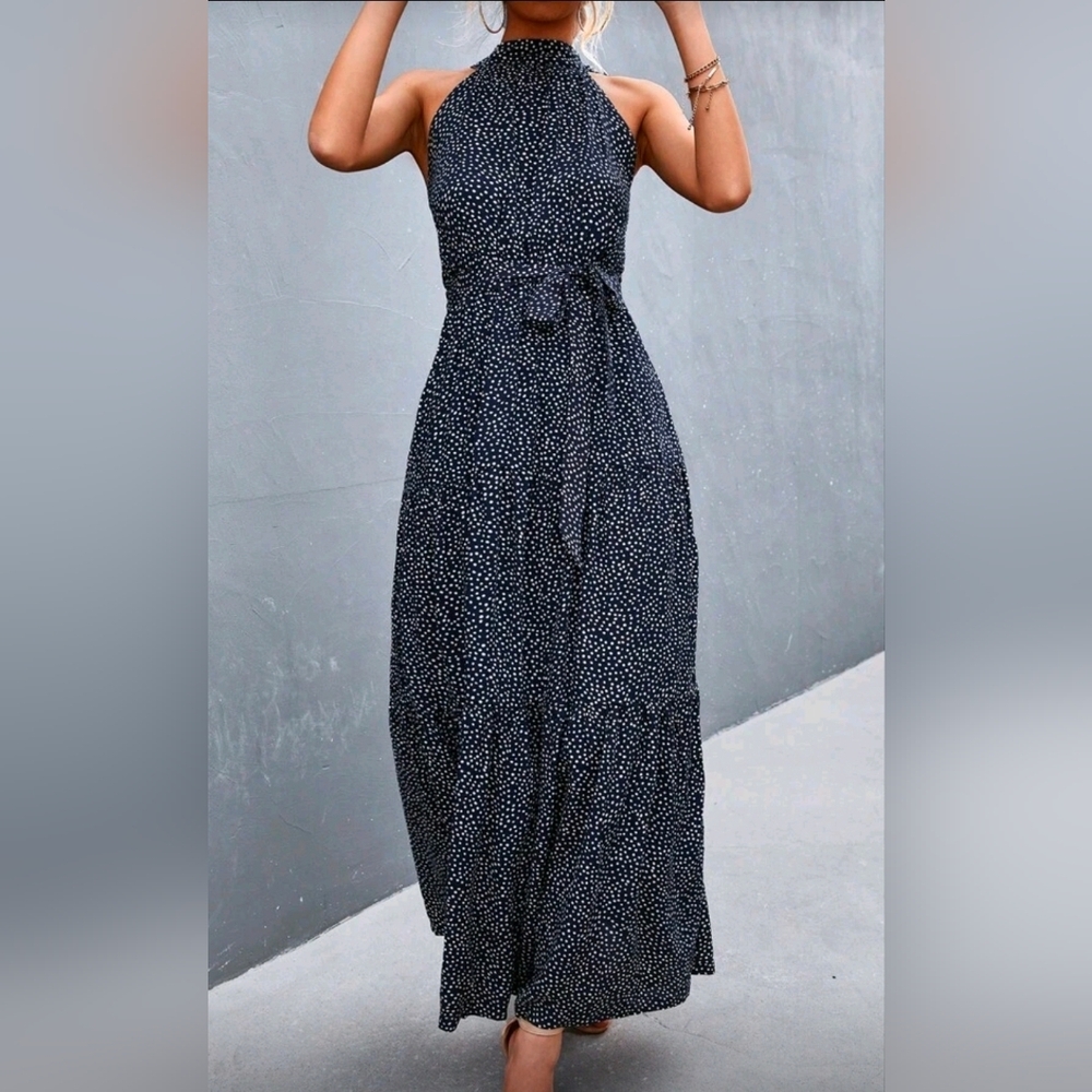 NEW Chic Dot Print Tiered Ruffle Halter Maxi Dress Navy Blue White - Picture 3 of 9
